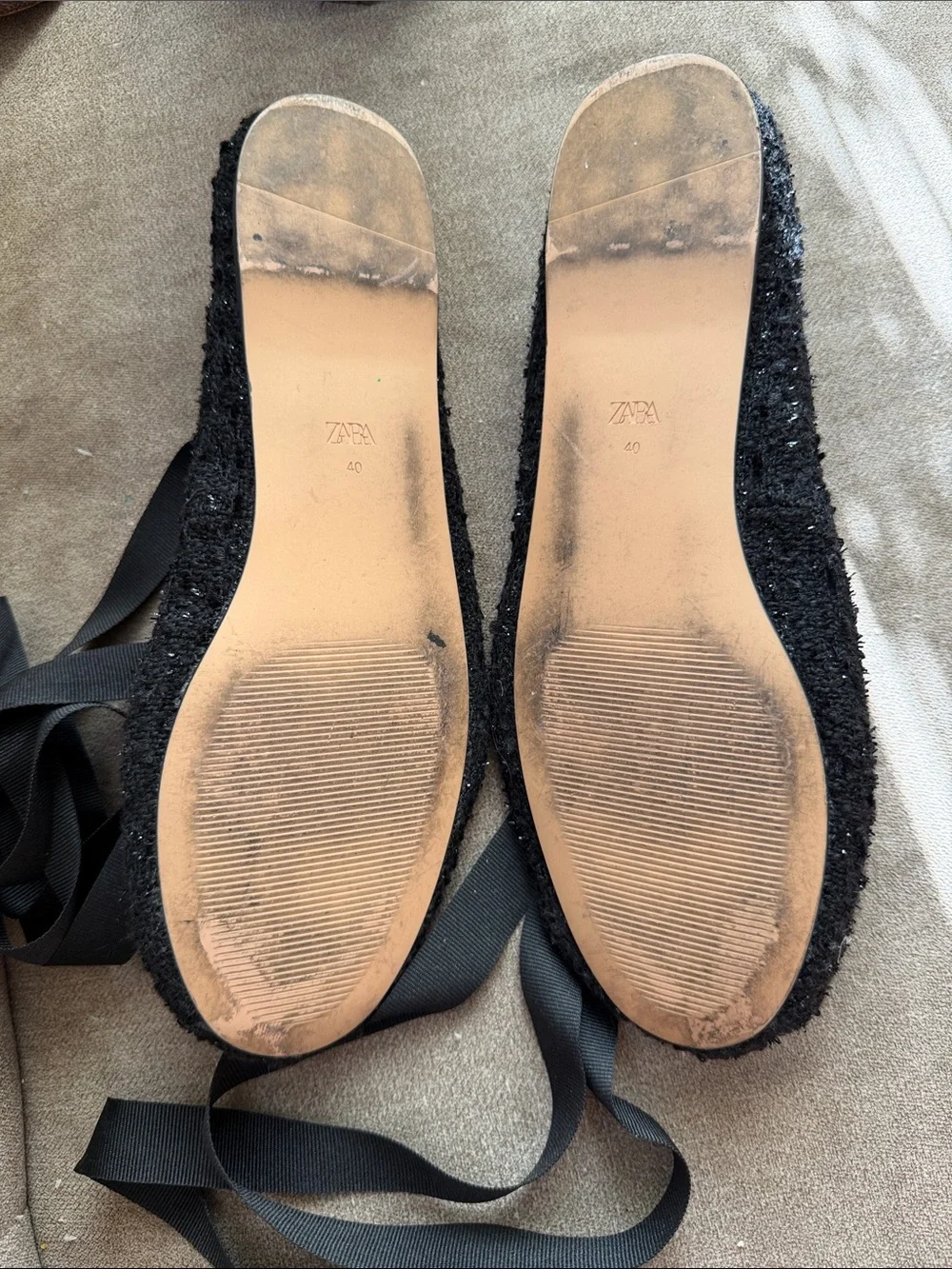 Black texture ribbon Ballet Tie-Up Flats boucle tweed 40